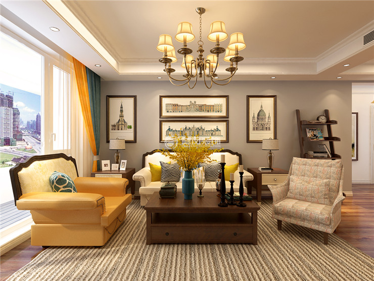 万科圣丰翡翠之光118㎡美式风格客厅装修效果图