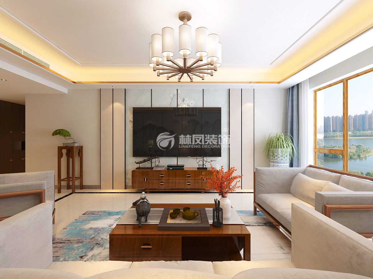 新中式风格客厅吊灯+筒灯设计装修效果图
